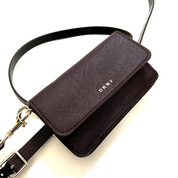 DKNY Belt Bag Waist Fanny Pack Wristlet Brown Faux Leather Logo NWT